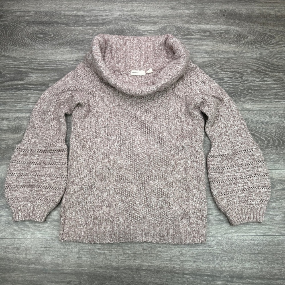 Sleeping on Snow Sweater Women M Mauve Cowl Neck Cable Knit Balloon Sleeve